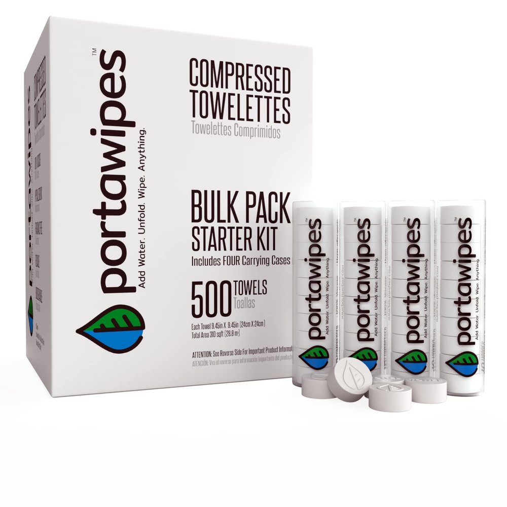 Portawipes Coin Tissues | 500 Pack with 4 Carrying Cases | Toilet Paper Tablets | Compressed Towels | Expandable Wipes | Soft & Odor Free