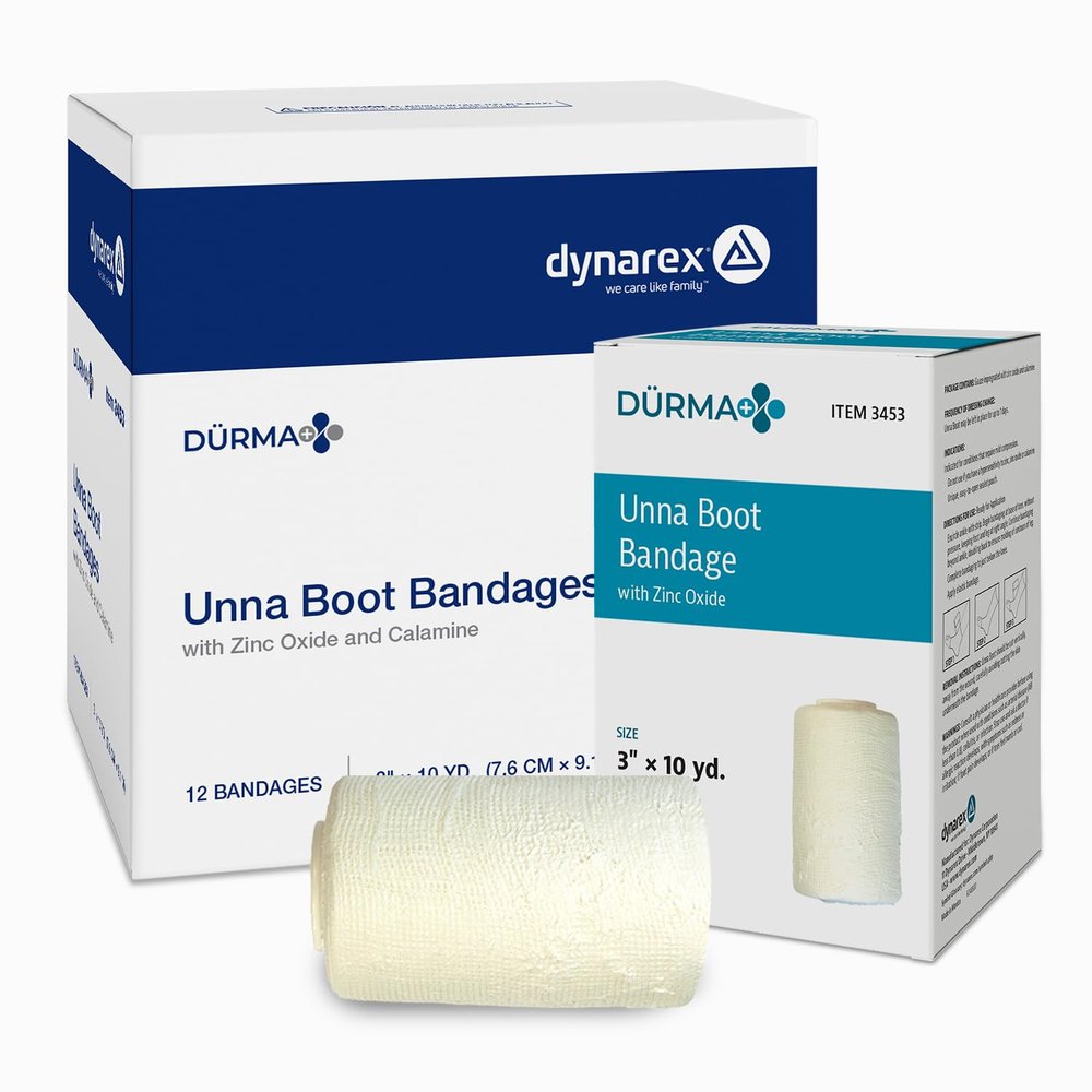 Dynarex Drma+ Unna Boot Bandages with Zinc Oxide - Maintains Moist Environment and Provides Compression for Leg Ulcers, Edema, Sprains - 3" x 10 yds - Case of 12 Rolls