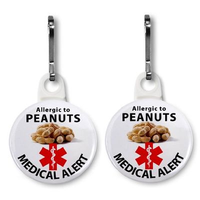 ALLERGIC TO PEANUTS Medical Alert Pair of 1 inch White Zipper Pull Charms