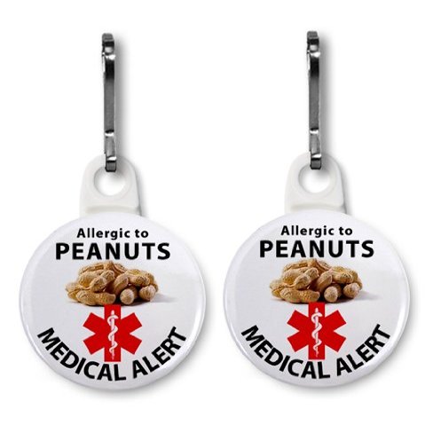 ALLERGIC TO PEANUTS Medical Alert Pair of 1 inch White Zipper Pull Charms