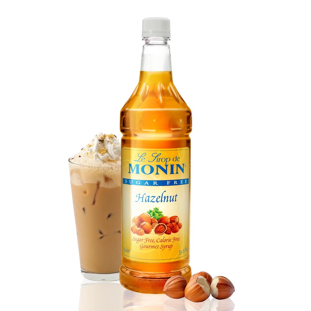 Monin - Sugar Free Hazelnut Syrup, Nutty Taste of Caramelized Hazelnut, Natural Flavors, Great for Mochas, Lattes, Smoothies, Shakes, and Cocktails, Non-GMO, Gluten-Free (1 Liter)