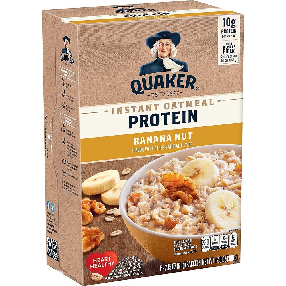 Quaker Instant Oatmeal Protein Banana Nut Flavor 6 Count, 12.9oz Box (Pack of 2)