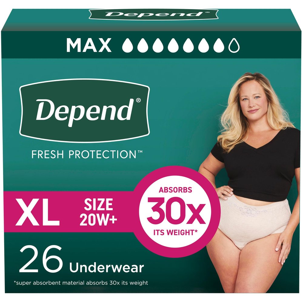 Depend Fresh Protection Adult Diapers, Incontinence & Postpartum Bladder Leak Underwear for Women, Disposable, Maximum, Extra-Large, Blush, 26 Count, Packaging May Vary