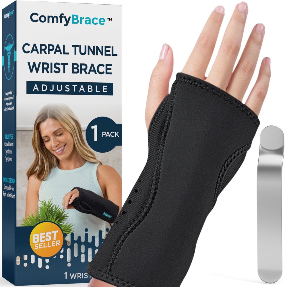 ComfyBrace Carpal Tunnel Wrist Brace - with Splint and Palm Cushion - (Adjustable and Fits Both Hands) - for Support, Carpal Tunnel, Tendonitis, Wrist Injury, and Pain (Pack of 1)