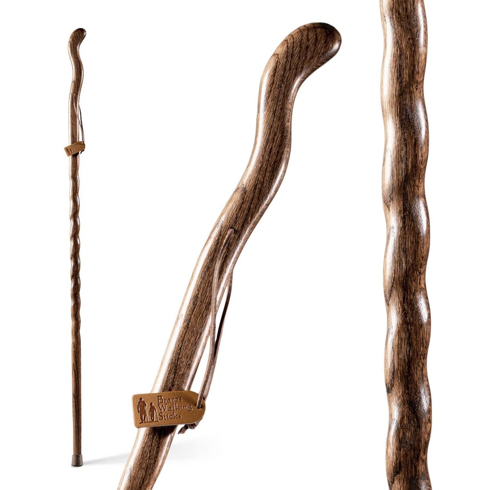 Brazos Handcrafted Wood Walking Stick, Twisted Oak, Ergonomic Style Handle, for Men & Women, Made in The USA, Brown, 55"