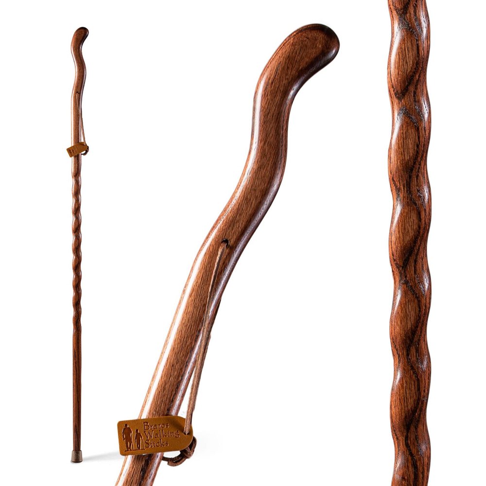 Brazos Handcrafted Wood Walking Stick, Twisted Oak, Ergonomic Style Handle, for Men & Women, Made in The USA, Red, 58"