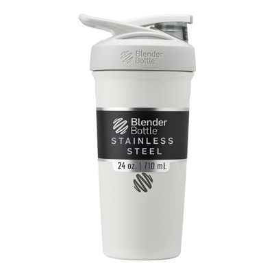 BlenderBottle Strada Shaker Cup Insulated Stainless Steel Water Bottle with Wire Whisk, 24-Ounce, White