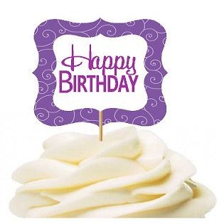 12pack Happy Birthday Purple Swirl Birthday Party CUpcake Desert Appetizer Food Decoration Picks