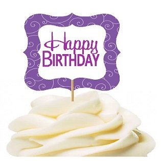 12pack Happy Birthday Purple Swirl Birthday Party CUpcake Desert Appetizer Food Decoration Picks