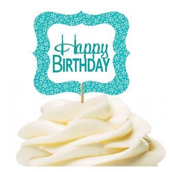 12pack Happy Birthday Turquoise Flower Birthday Party CUpcake Desert Appetizer Food Decoration Picks