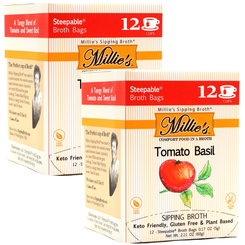 Millie's Sipping Broth - Vegetable Broth -Natural-Gluten Free-Keto Friendly Tomato Basil 12 Count Box (2-Pack)