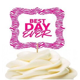 12pack Best Day Ever Pink Zebra Cupcake Desert Appetizer Food Picks for Weddings, Birthdays, Baby Showers, Events & Parties