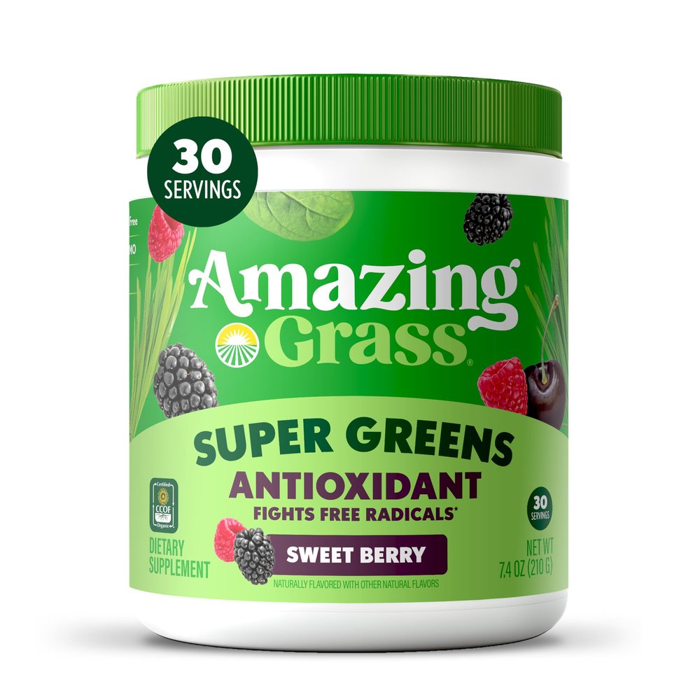 Amazing Grass Greens Blend Antioxidant: Super Greens Powder Smoothie Mix with Organic Spirulina, Beet Root Powder, Elderberry, Bilberry, Prebioitics & Probiotics, Sweet Berry, 30 Servings (Packaging May Vary)