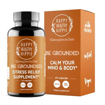 Happy Healthy Hippie Be Grounded Stress Relief Supplement  Lavender Pills | Promotes Calmness & Relaxation | Quick Acting | Magnesium Glycinate 100mg, L Theanine, Lemon Balm Leaf, | Herbal, 60 Ct
