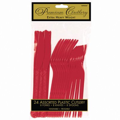 Apple Red Plastic Heavy Weight Assorted Cutlery Set (24 Pc.) - Durable & Elegant Utensils, Perfect for Parties, Events, and Everyday Use