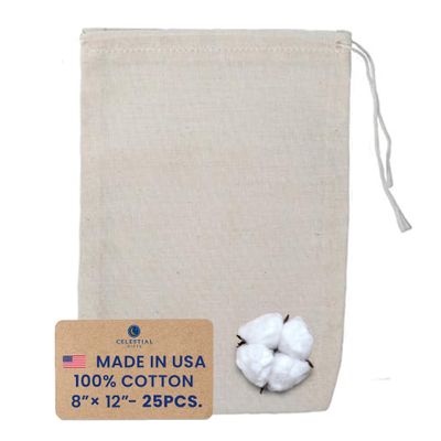 Celestial Gifts Muslin Bags with Drawstring 25pcs, 8x12 - Large Drawstring Bags Bulk - Drawstring Gift Bags for Party Favor and DIY Craft - 100% Cotton - Made in USA - (Natural Hem & Drawstring)