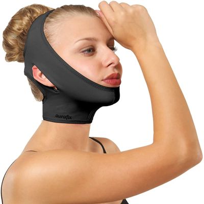 Post Surgical Chin Strap Bandage for Women - Neck and Chin Compression Garment Wrap - Face Slimmer, Jowl Tightening, Chin Lifting (Small- Black)