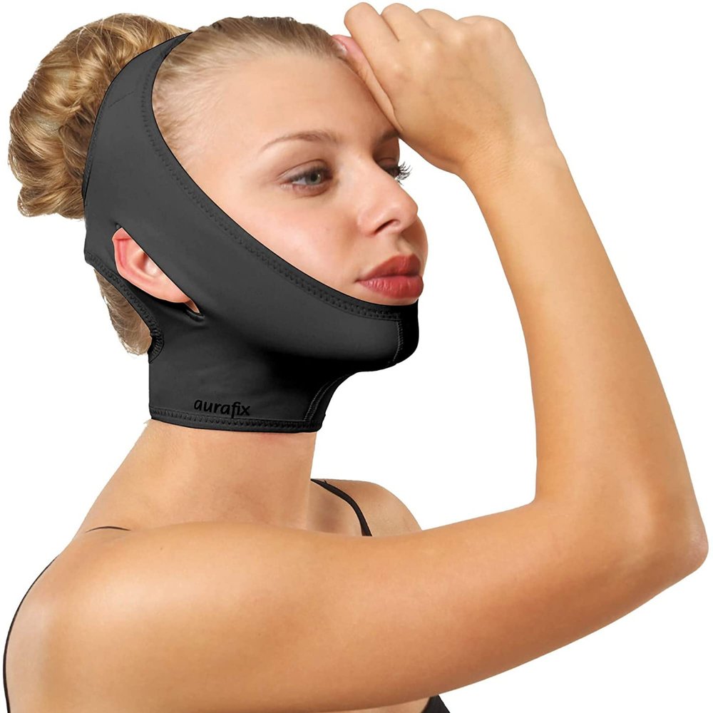 Post Surgical Chin Strap Bandage for Women - Neck and Chin Compression Garment Wrap - Face Slimmer, Jowl Tightening, Chin Lifting (Small- Black)