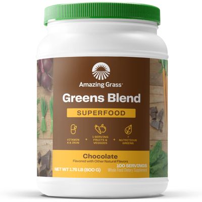 Amazing Grass Greens Blend Superfood: Super Greens Powder Smoothie Mix with Organic Spirulina, Beet Root Powder, Chlorella, Prebiotics & Probiotics, Chocolate, 100 Servings (Packaging May Vary)