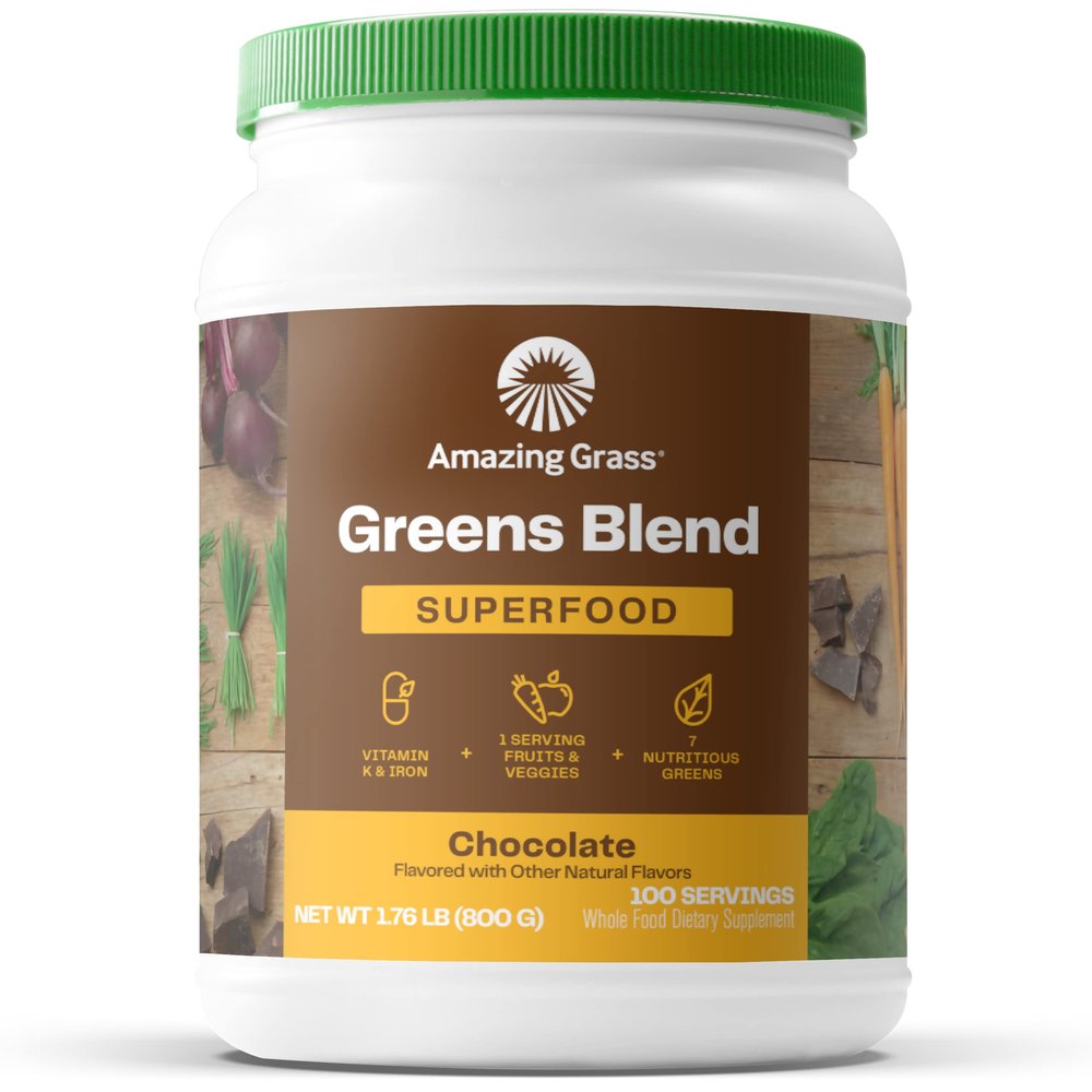 Amazing Grass Greens Blend Superfood: Super Greens Powder Smoothie Mix with Organic Spirulina, Beet Root Powder, Chlorella, Prebiotics & Probiotics, Chocolate, 100 Servings (Packaging May Vary)