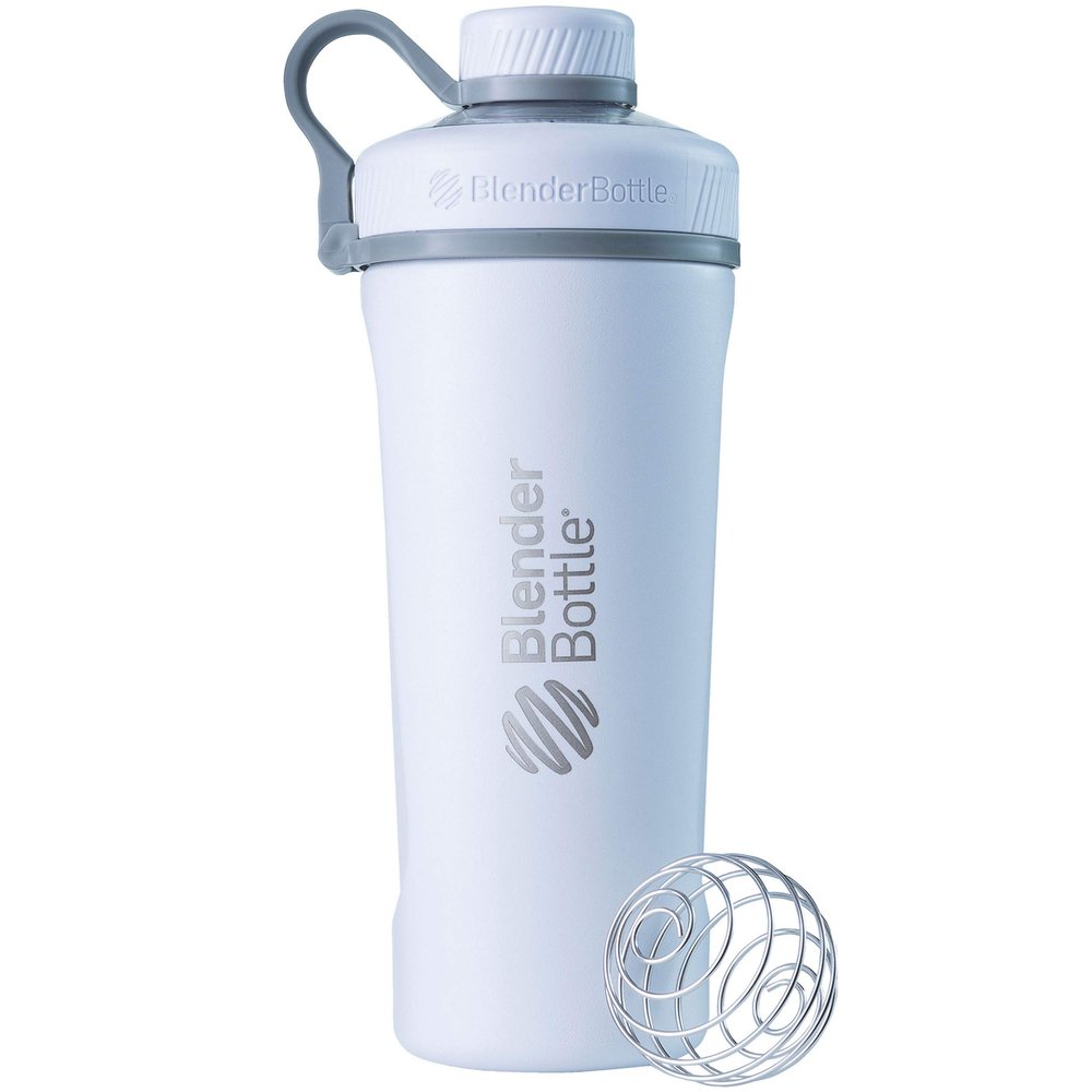 BlenderBottle Radian Shaker Cup Insulated Stainless Steel Water Bottle with Wire Whisk, 26-Ounce, Matte White