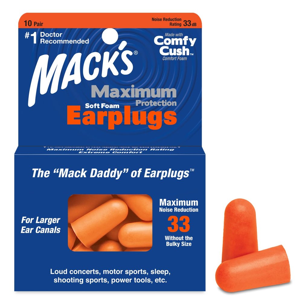 Macks Maximum Protection Soft Foam Earplugs  10 Pair, 33 dB Highest NRR  Comfortable Ear Plugs for Sleeping, Snoring, Loud Concerts, Motorcycles and Power Tools | Made in USA