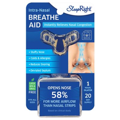 SleepRight Nasal Breathe Aid Comfortable Nasal Dilator for Better Breathing, Snore Stopper & Airflow Relief, Easy to Use for Sleep or Daily Wear, 1 Count, 20-Day