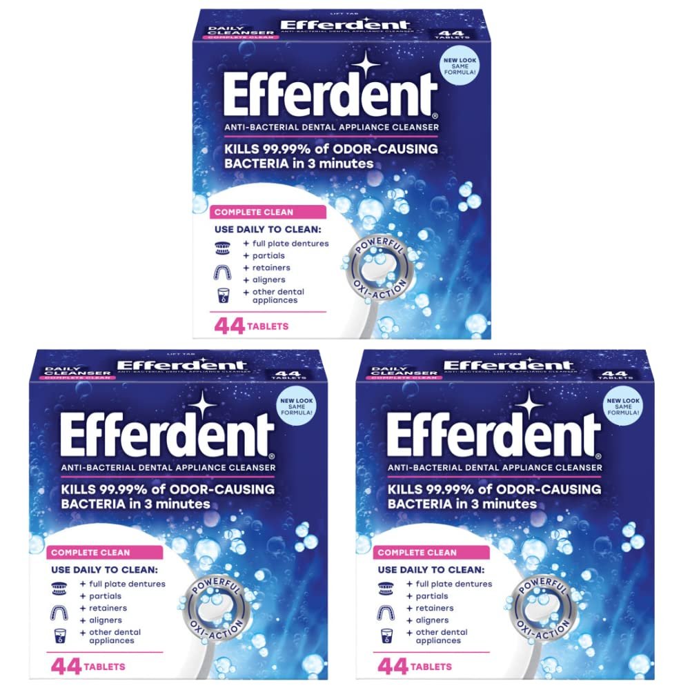 Efferdent Denture Cleanser Tablets, Complete Clean, Cleanser for Retainers and Dental Appliances, 44 Tablets - 3 Pack