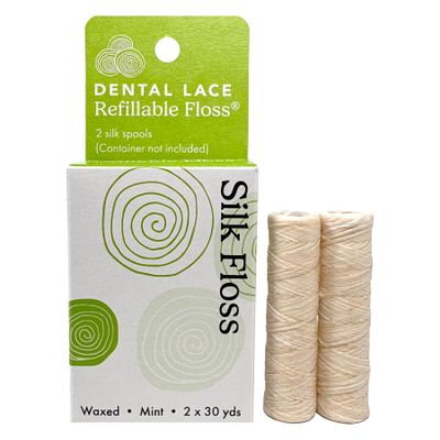 Refills - Dental Lace Refillable Silk Dental Floss 100% Silk Floss with Mint Flavor, PFAS & PTFE Free 2 Refill Spools (Total 60 Yards) Recyclable Packaging