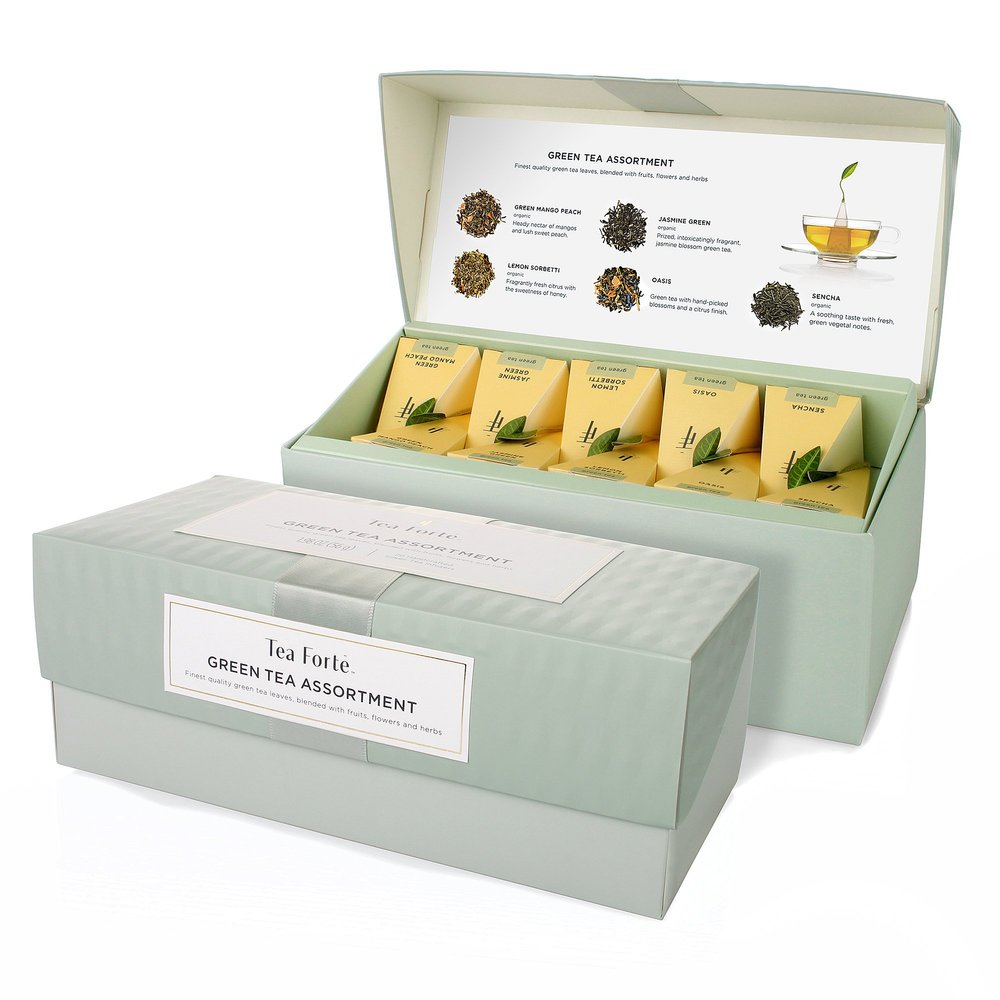 Tea Forte Premium Presentation Box Gift Set Sampler, 20 Count, Assorted Blends Individually Wrapped Handcrafted Pyramid Infuser Bags, Green Tea