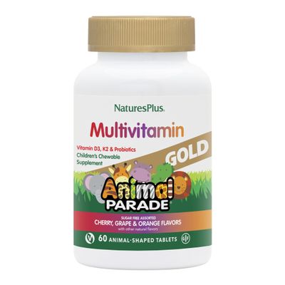 NaturesPlus Animal Parade Source of Life Gold Children's Chewable Multivitamin - Assorted Cherry, Orange & Grape Flavors - 60 Chewable Tablets - Vegetarian, Gluten-Free - 30 Servings