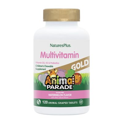 NaturesPlus Animal Parade Gold Multivitamin Childrens Chewables - Watermelon Flavor - 120 Animal-Shaped Tablets - Vitamin D3, K2 & Probiotics - Vegan, Gluten Free - 60 Total Servings