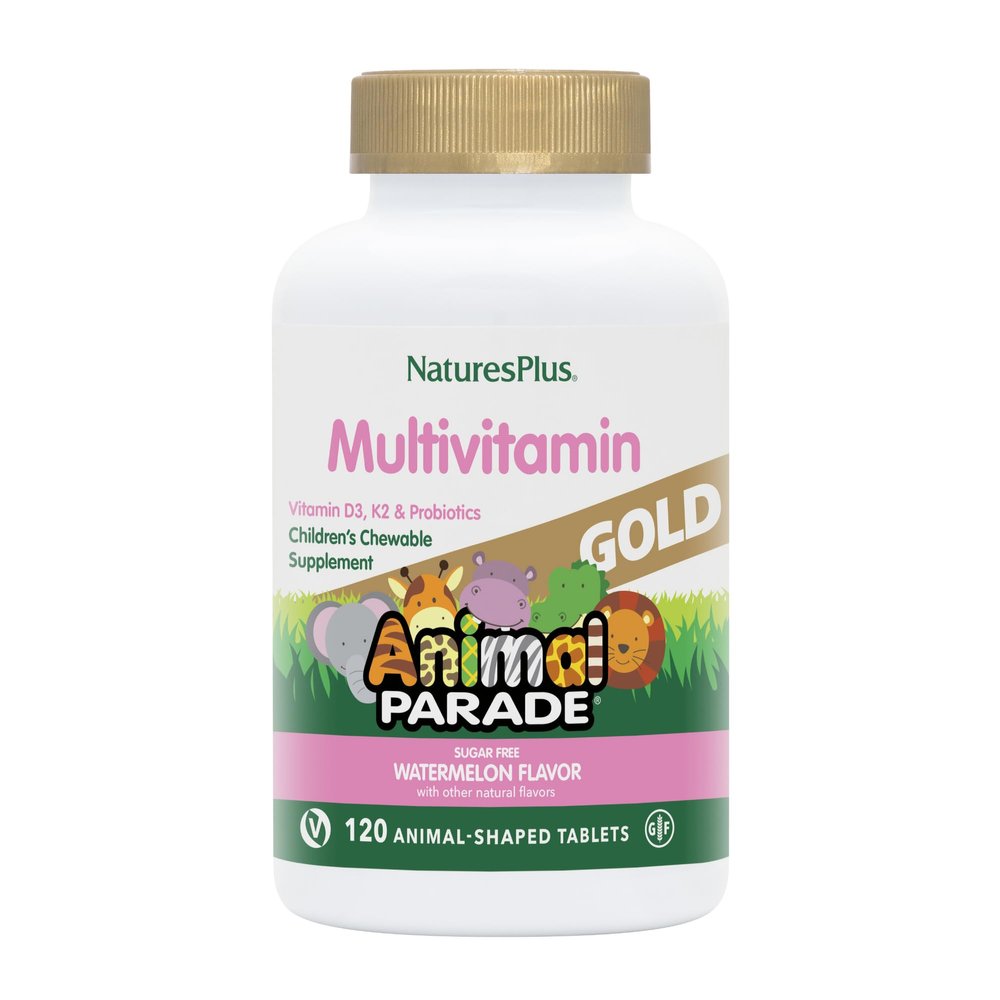 NaturesPlus Animal Parade Gold Multivitamin Childrens Chewables - Watermelon Flavor - 120 Animal-Shaped Tablets - Vitamin D3, K2 & Probiotics - Vegan, Gluten Free - 60 Total Servings