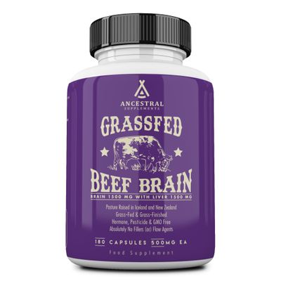 Ancestral Supplements Grass Fed Beef Brain Supplement with Beef Liver, Whole Food Brain Support Promotes Brain, Mood, and Memory Health, Brain and Liver Health Formula Capsules, Non-GMO, 180 Capsules