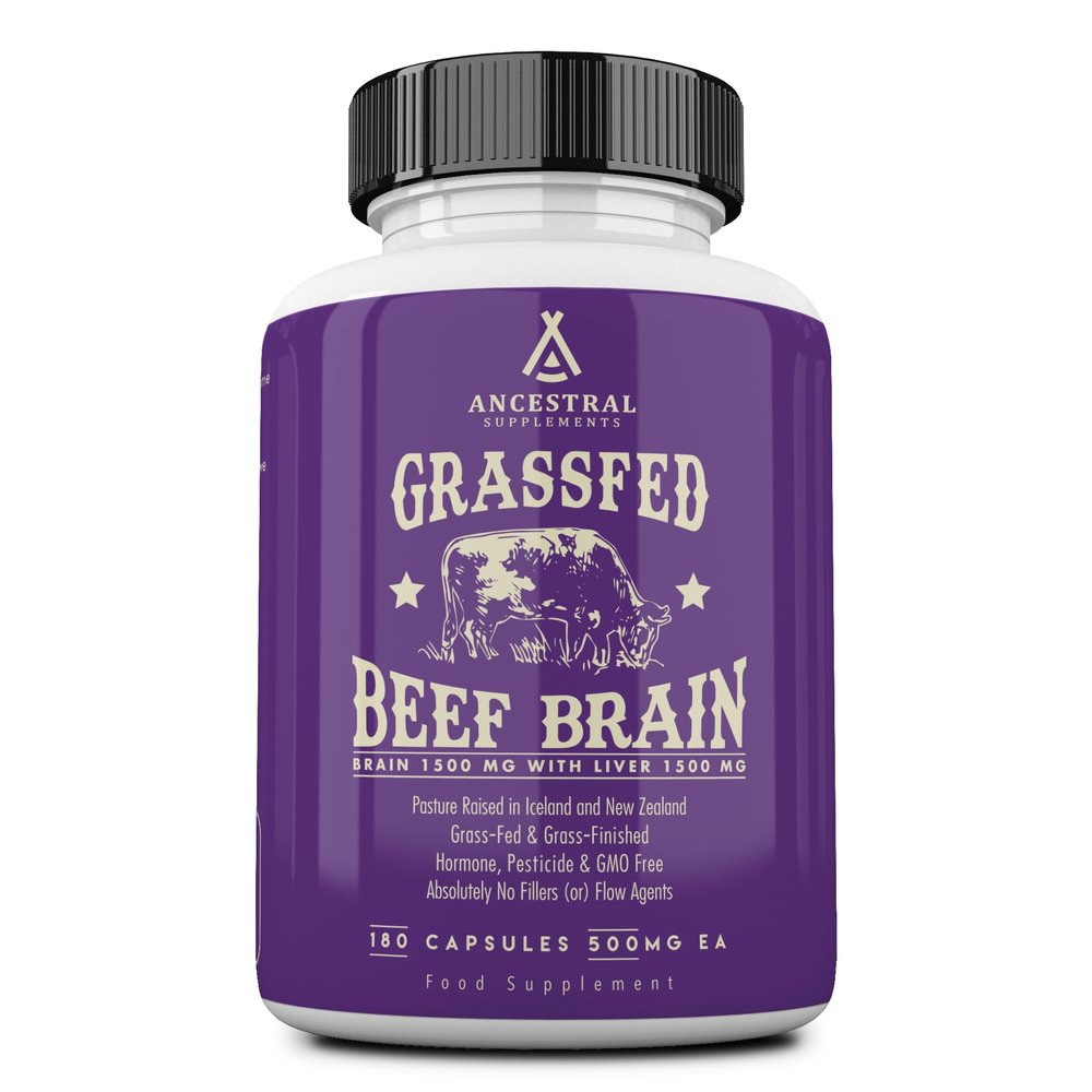 Ancestral Supplements Grass Fed Beef Brain Supplement with Beef Liver, Whole Food Brain Support Promotes Brain, Mood, and Memory Health, Brain and Liver Health Formula Capsules, Non-GMO, 180 Capsules