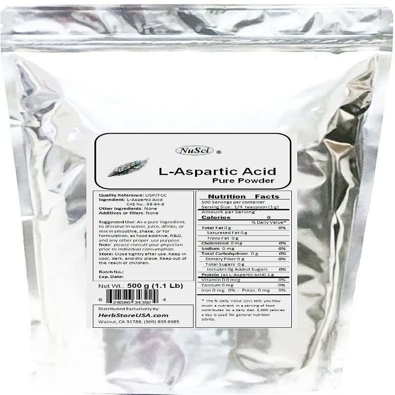 NuSci L-Aspartic Acid Pure Powder 500g (1.1 lb, 17.6 oz) Food Grade for Energy