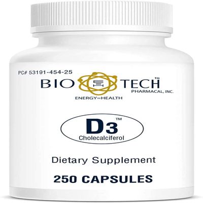 Bio-Tech Pharmacal D3 (1,000 IU), 250 Capsules  All-Natural Supplement  Supports Bone & Immune Health  No Dairy, Fish, Gluten, Peanut, Shellfish, & Soy  No Artificial Colors