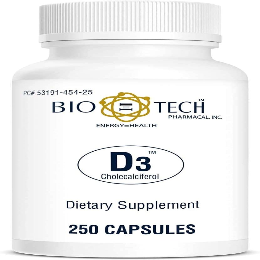 Bio-Tech Pharmacal D3 (1,000 IU), 250 Capsules  All-Natural Supplement  Supports Bone & Immune Health  No Dairy, Fish, Gluten, Peanut, Shellfish, & Soy  No Artificial Colors