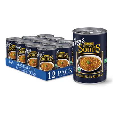 Amys, Vegan Hearty Spanish Rice and Red Bean Soup, Gluten Free, Made With Organic Vegetables, Canned Soup, 14.7 Oz (12 Pack)
