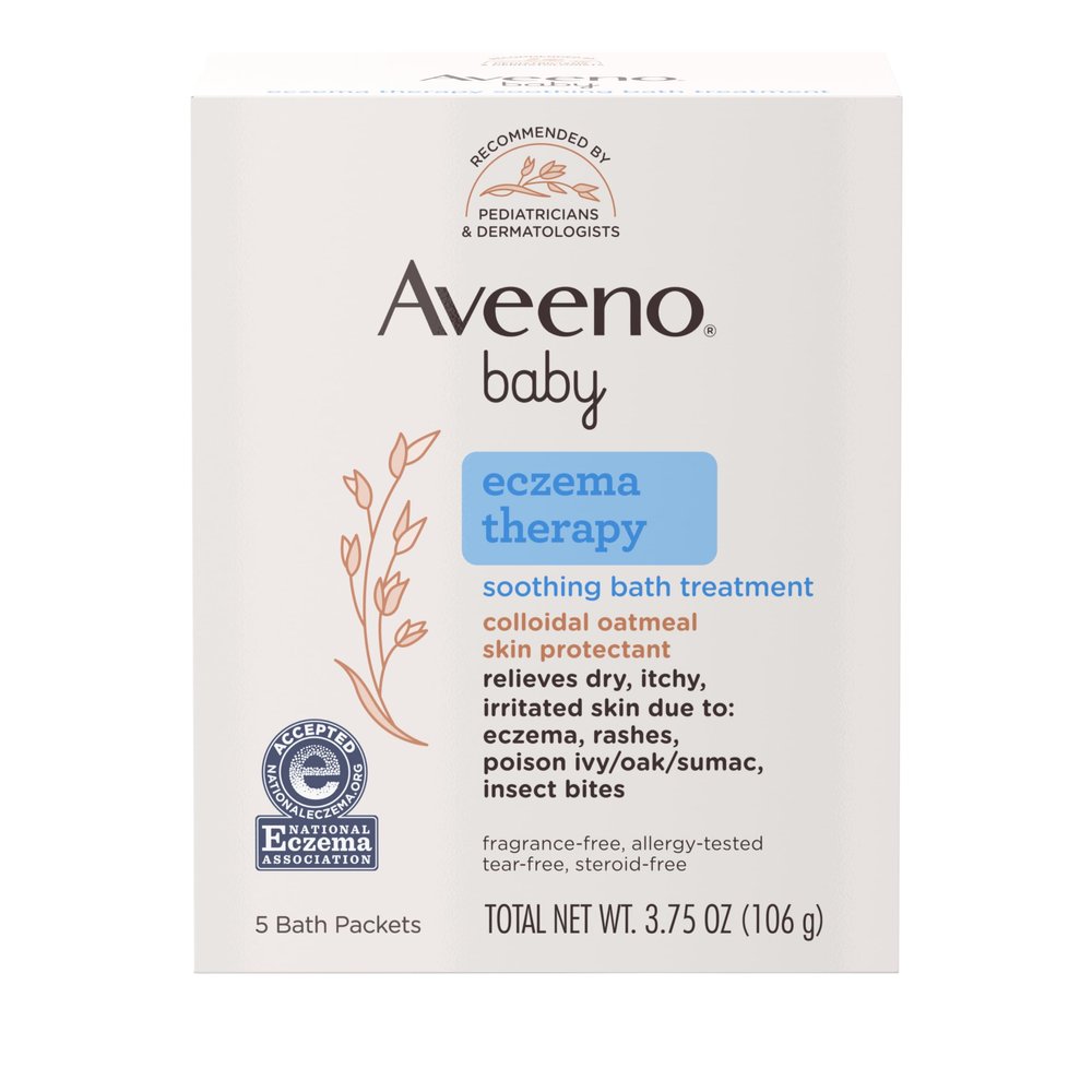 Aveeno Baby Eczema Therapy Bath Treatment for Relief of Dry, Itchy and Irritated Skin, Made with Soothing Natural Colloidal Oatmeal, Unscented, 3.75 Oz, 5 Count, Pack of 2
