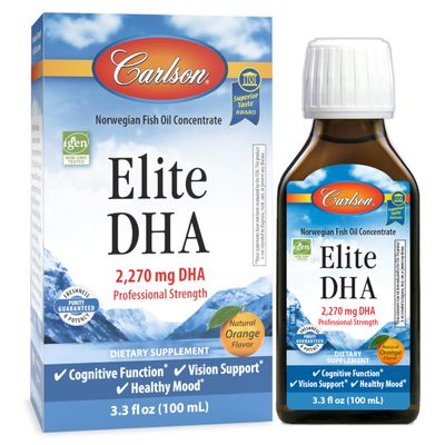 Carlson - Elite DHA, 2270 mg DHA, Professional Strength, Norwegian Fish Oil Concentrate, Cognitive Function & Vision Support, Orange, 100 mL