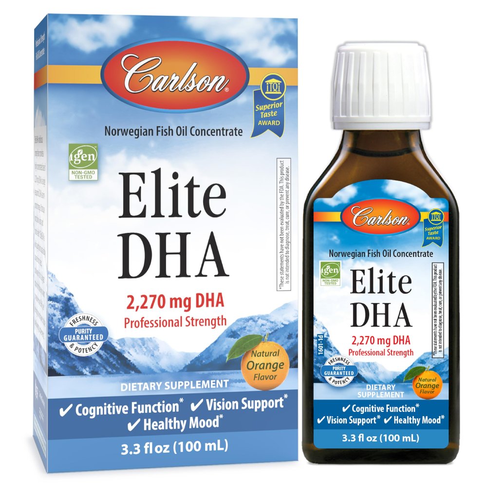 Carlson - Elite DHA, 2270 mg DHA, Professional Strength, Norwegian Fish Oil Concentrate, Cognitive Function & Vision Support, Orange, 100 mL
