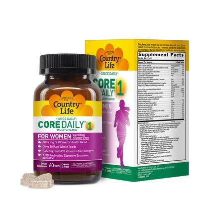 Country Life Womens Core 1 Daily Multivitamin with Iron, Cranberry, Probiotics, and Digestive Enzymes-Certified Gluten-Free Formula for Energy, Immune Support and Complete Digestive Health,60 Tablets