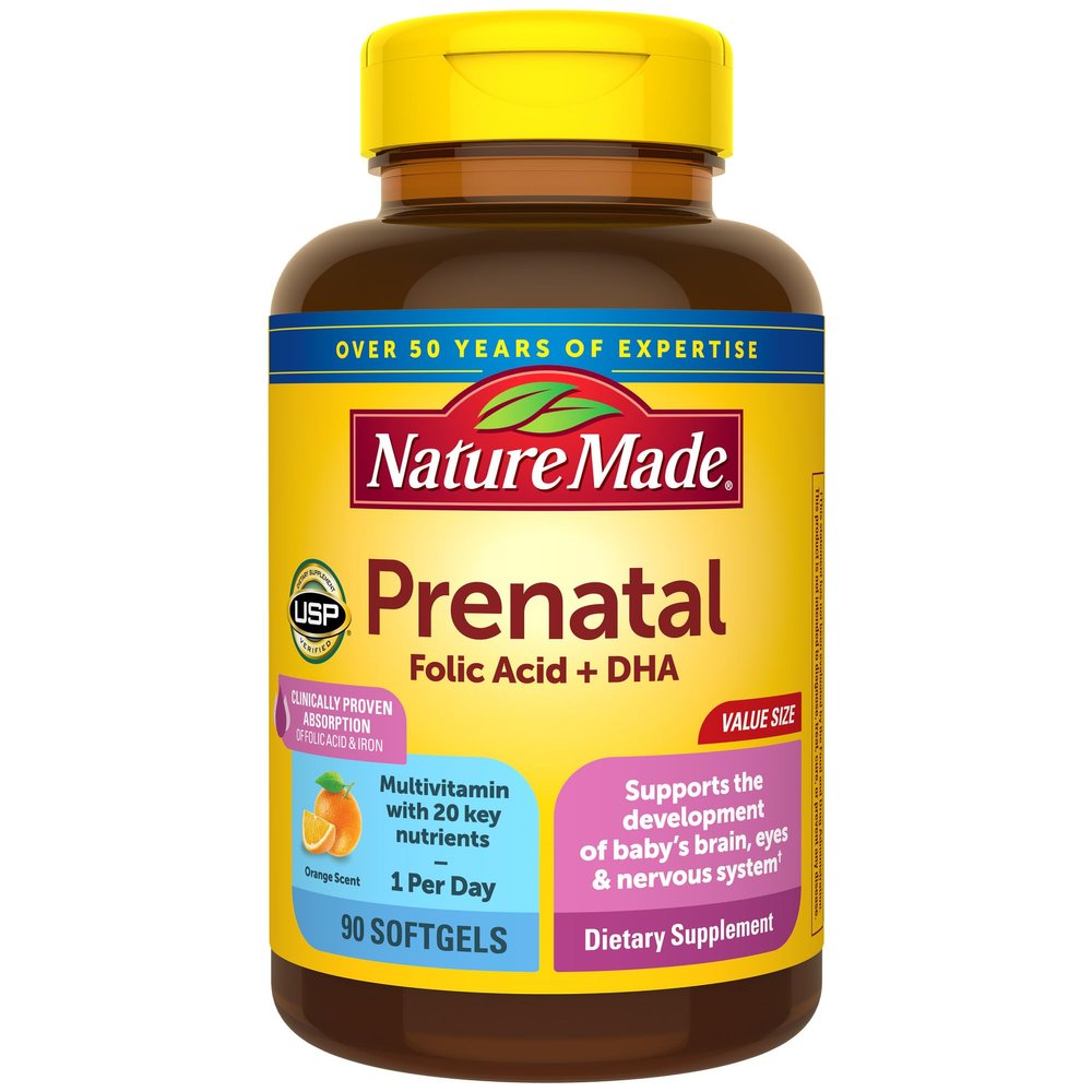 Nature Made Prenatal Vitamins for Women with Folic Acid + DHA, Prenatal Vitamin and Mineral Supplement for Daily Nutritional Support, 90 Softgels, 90 Day Supply
