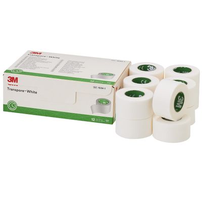 3M Transpore Medical Tape Water-Resistant Plastic White Non-Sterile 1" x 10 Yd, 12 Rolls, 1 Pack