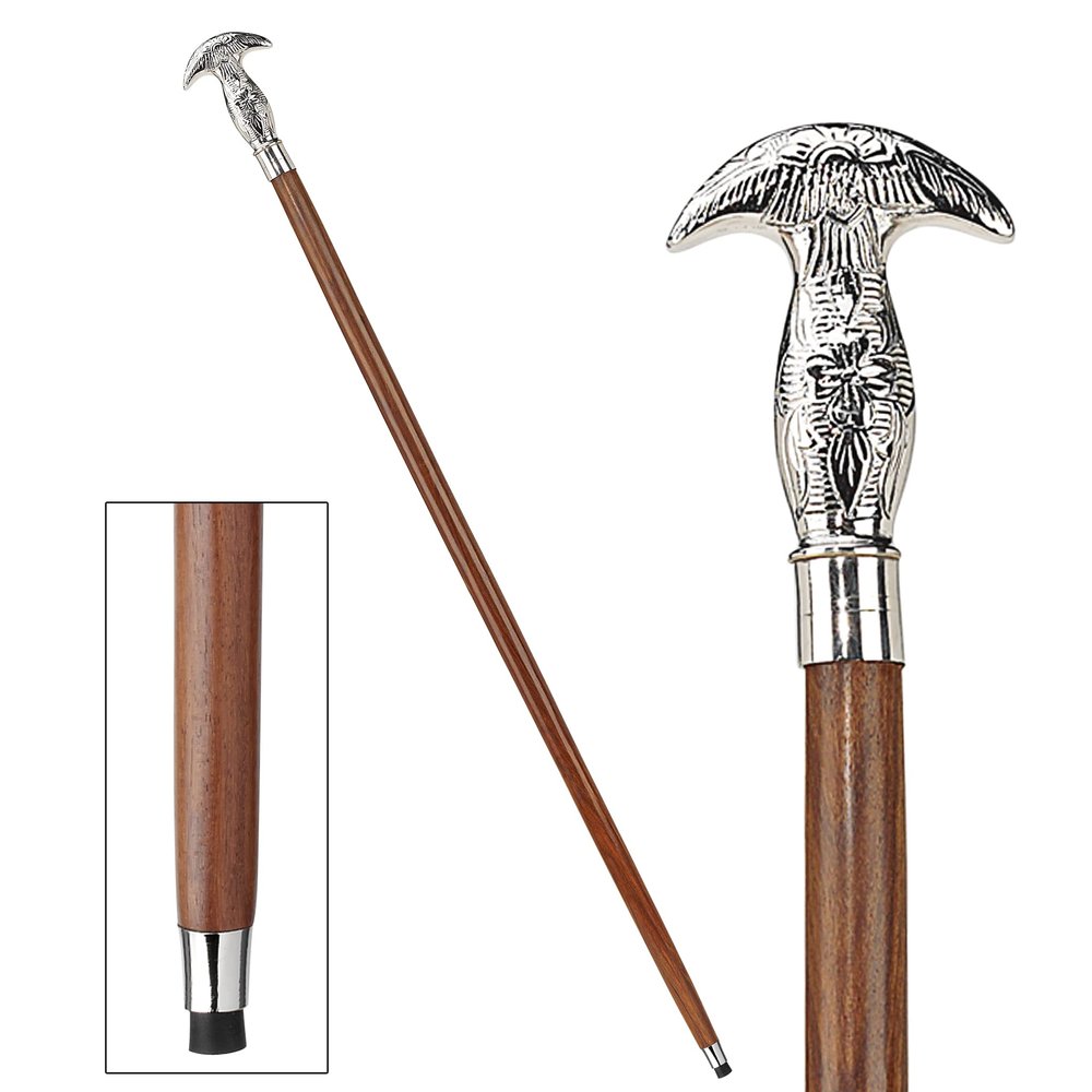 Design Toscano Chrome-Plated, Double-Hooked Knob Handle Hardwood Walking Stick