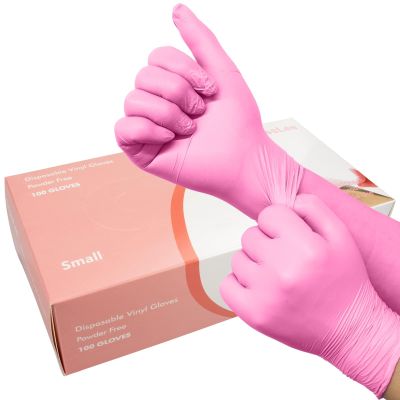 100 Pack Pink Vinyl Disposable Gloves - Latex Free and Power Free Food Grade Exam Gloves for Cleaning, Food Prep, Kitchen Use, Medium