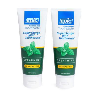 Epic Xylitol Toothpaste for Adults - Fluoride-Free Toothpaste with 25% Xylitol - SLS-Free Formula for Dry Mouth & Fresh Breath - Spearmint, 4.9oz (2-Pack)