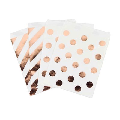 Andaz Press Rose Gold Copper Foil Favor Bags, Polka Dots and Striped, 24-Pack, Shiny Metallic Colored Wedding Birthday Baby Shower Party Supplies Decorations
