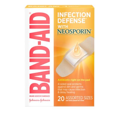 Band-Aid Brand Adhesive Bandages Infection Defense with Neosporin Antibiotic Ointment, Pack of Assorted Sizes, for Wound Care and First Aid, 20 ct